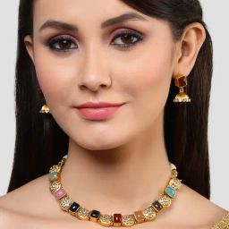 Karatcart Antique Gold Plated Multicolor Stones Studded Floral Design Necklace Set-6