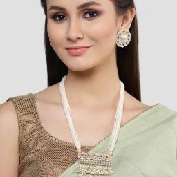 Karatcart Gold Plated Red Beads and Pearl Studded Kundan Long Rani Haar Necklace Set-image-22