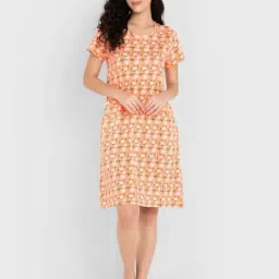 Clovia Orange Cotton Floral Print Night Dress-picture-32