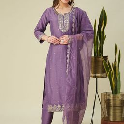 MOKOSH Women Embroidered Regular Sequinned Kurta with Trousers & With Dupatta-2