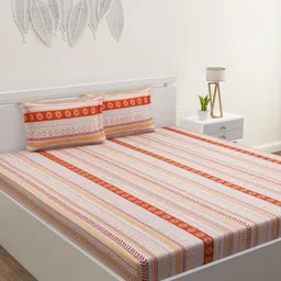 HOME AFFAIRS Orange & Red Striped 120 TC Queen Bedsheet with 2 Pillow Covers-image-88