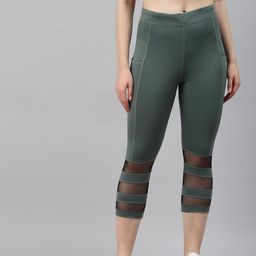 Blinkin Women Green 3/4th High Waist Training Tights With With Mesh Panels & Side Pockets-3