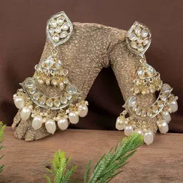 TANAIRA Gold Plated Kundan Studded & Pearls Beded Contemporary Drop Earrings-image-18