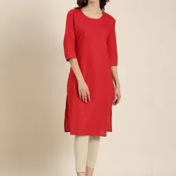SHOWOFF Red Cotton Regular Fit Kurta-picture-1