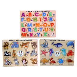 Enjunior Box Wooden Alphabets Animals and Aquatic Animals Puzzle with Knobs Multicolour - 50 Pieces-0