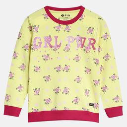 3PIN Full Sleeves Botanical Floral & Girl Power Glitter Printed Sweatshirt - Yellow-picture-9