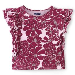 Pine Kids 100% Cotton Single Jersey Knit Ruffle Sleeves Top Floral Print - Red-image-95