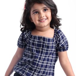 Babyhug Cotton Woven Half Sleeves Front Open Checks Top  with Smocking - Blue-image-32