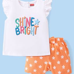 Babyhug Single Jersey Knit Half Sleeves Nightsuit with Text & Star Print - White & Orange-image-66