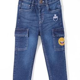 Babyhug Full Length Stretchable Denim Washed Jeans with Smiley Print - Blue-image-40