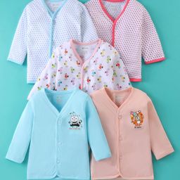 OHMS Single Jersey Knit Full Sleeves Front Open Vests with Polka Dots Sea Horse & Kitty Print Pack of 5 - Blue Peach & White-image-86