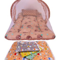 Babytoons New Born Baby Bedding Mosquito Net Bed with Pillow & 4pcs Waterproof Sheets Mats Combo (0-12 Months)  Brown-picture-21