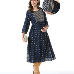 Bella Mama Woven Three Fourth Sleeves  Ethnic Maternity Kurti with Floral  Embroidery Yoke & Pockets - Navy Blue-picture-5