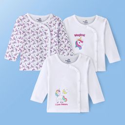 Doodle Poodle 100% Cotton Knit Full Sleeves Front Open Jhablas with Rainbow & Unicorn Print Pack of 3 - White-15