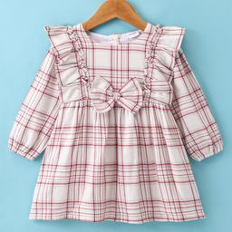 Kookie Kids Cotton Woven Full Sleeves Check Frock with Frill Detailing & Bow Applique - White & Red-image-5