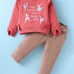ToffyHouse Knitted Cotton Full Sleeves Frill Detailing Top with Bow Applique Pant Set -Dark Pink & Brown-image-73