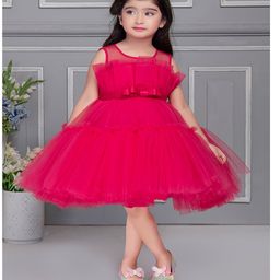 Ministitch Net Sleeveless  Pleated Bodice Detailed Tiered Dress - Fuschia-image-80