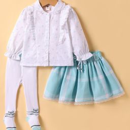 ToffyHouse 100% Cotton Woven Full Sleeves Bow Printed Peter Pan Collared Top & Checkered Skirt with Stocking - White & Light Blue-picture-25