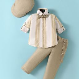 Robo Fry Cotton Knit Full Sleeves Striped Shirt Trouser Set with Cap & Suspender - Olive Green-image-93