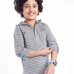 Rikidoos Full Sleeves Striped Kurta Style Hooded Shirt - Grey-image-97