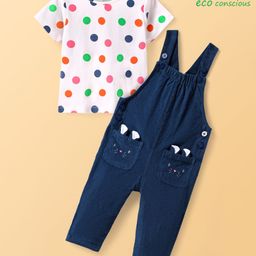 Babyoye Cotton Elastane Woven Half Sleeves T-Shirt & Dungaree with Polka Dots & Ear Applique - White & Navy Blue-image-79