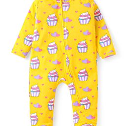 Babyhug Cotton Knit Full Sleeves Footed Sleep Suit With Cup Cake Print - Yellow-image-6