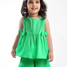 Babyhug Cotton Woven Sleeveless Solid Top & Shorts Set With Bow Applique & Frill Detailing - Green-image-89