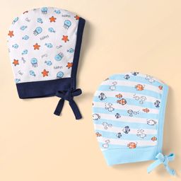 Doodle Poodle Interlock Cotton Caps withe Knot & Marin Life Print Pack of 2 Blue - Diameter17 cm-25