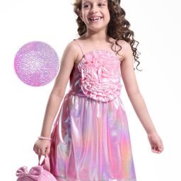 Hola Bonita Knit Sleeveless Shimmer Fabric Solid Dress With Floral Corsage - Pink-image-5