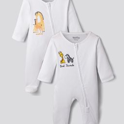Bonfino 100% Cotton Knit Full Sleeves Sleepsuit With Animal Print Pack Of 2 - White-image-78