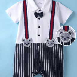 Mark & Mia Cotton Knit Half Sleeves Romper with Suspender Bow Applique & Bear Patch - White & Navy Blue-image-74