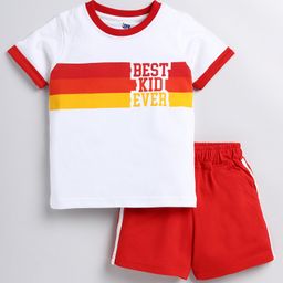 DEAR TO DAD Cotton Half Sleeves Best Kid Ever Text Printed Tee & Shorts Set - Red-image-46