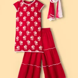 Pine Kids Woven Cap Sleeves Kurta Gharara & Dupatta Set With Floral Print - Red-picture-39