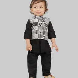 little desi Jute Cotton Full Sleeves Solid Kurta & Pyjama With Ethnic Motif Printed Jacket - Black-picture-1