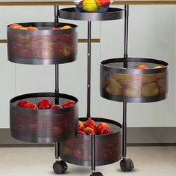 JD FRESH 4 Tier Metal Round Kitchen Rotating Trolley for Onion Potato Storage & Spice Rack - Black-59