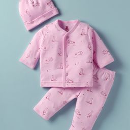 I Bears Interlock Knit Full Sleeves Co-ords Night Suit With Cap & Bird Print - Pink-image-46