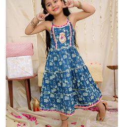 KID1 Cotton Woven Sleeveless Elephant Printed Gota Lace Embellished Long Dress - Blue-image-80
