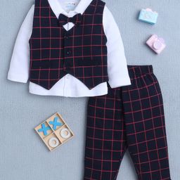 BUMZEE Cotton Knit Full Sleeves Checks 3 Piece Party Suit With Bow Applique - White & Navy --picture-12