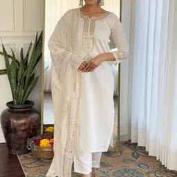 KALINI Floral Embroidered Notch Neck Sequinned Straight Kurta With Trousers & Dupatta-picture-39