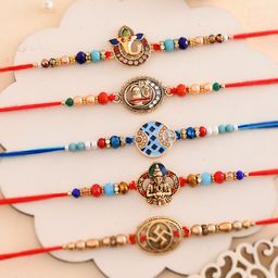 Aapno Rajasthan 5-Pcs Rakhis With Idol Ganesha Showpiece Card & Roli Chawal-9