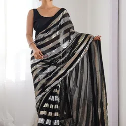 CANIZZARO Striped Sequinned Saree-picture-15