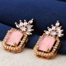 Fida American Diamond Geometric Pink Stud Earrings-image-63
