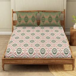 Welspun Block Print Orange & Green Cotton Double Bedsheet with 2 Pillow Covers-8