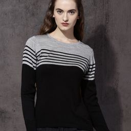 Roadster Women Black & Grey Colourblocked Pullover-image-90