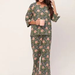 Moomaya Blue & Green Cotton Floral Print Top With Pyjamas-picture-15