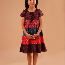 Sangria Girls Ethnic Motifs Printed Pure Cotton Knee-Length Tiered Empire Dress-image-59