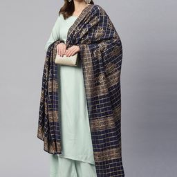 MBE Navy Blue & Gold-Toned Ethnic Motifs Checked Block Print Dupatta image 3