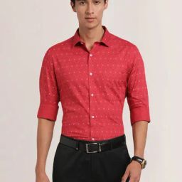Turtle Blood Red Cotton Slim Fit Printed Shirt-image-8
