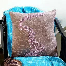 Mid July Home Beige & Pink Abstract Embroidered Velvet Square Cushion Cover-11