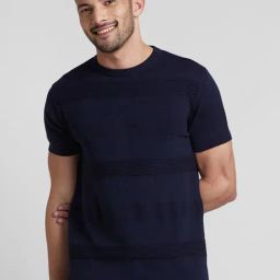 Globus Navy Regular Fit Self Design Cotton Crew T-Shirt-picture-24